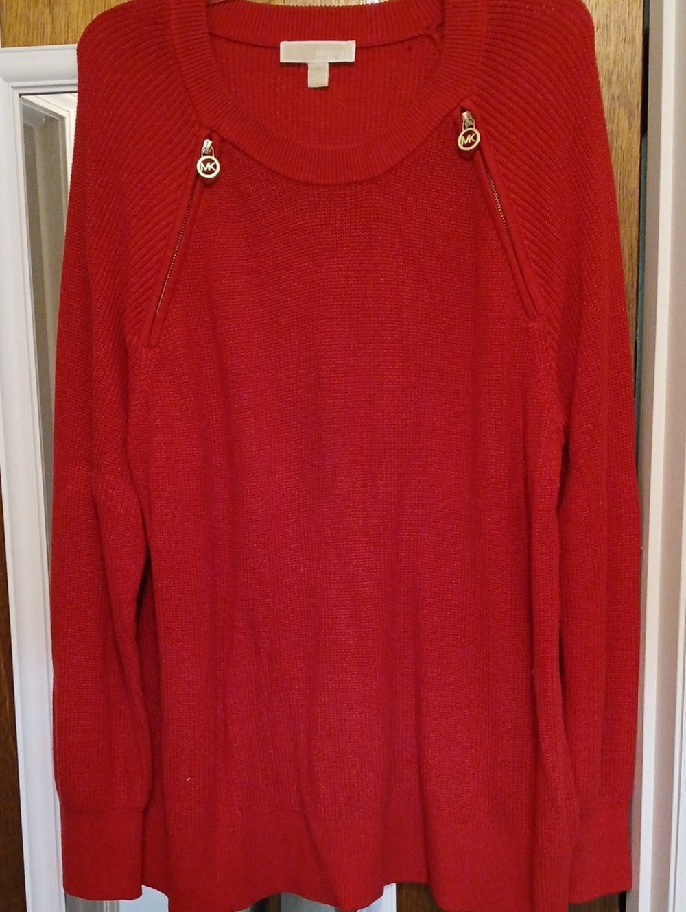Michael Kors Bright Red Crewneck Sweater with Gold Zip Accents
